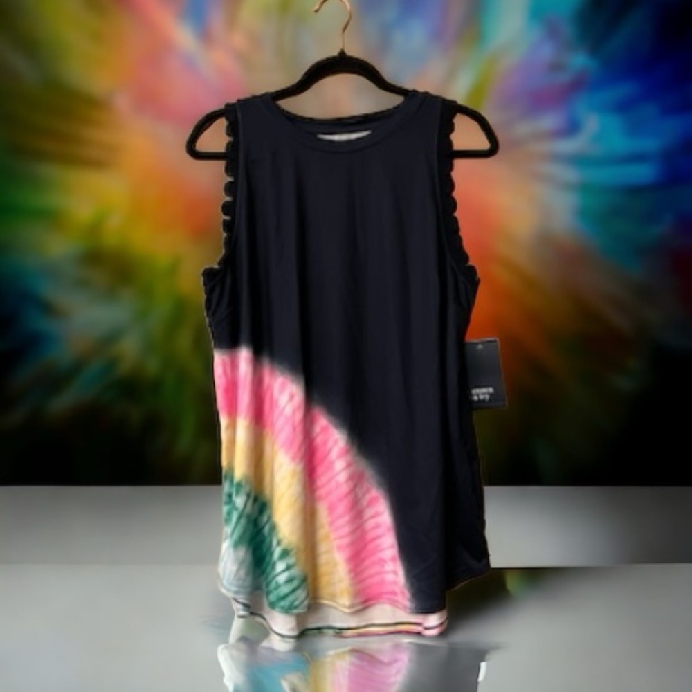 NWT Crown & Ivy Navy Sleeveless Athletic Tank w/Pink/Yellow/Green Tie Dye Arc